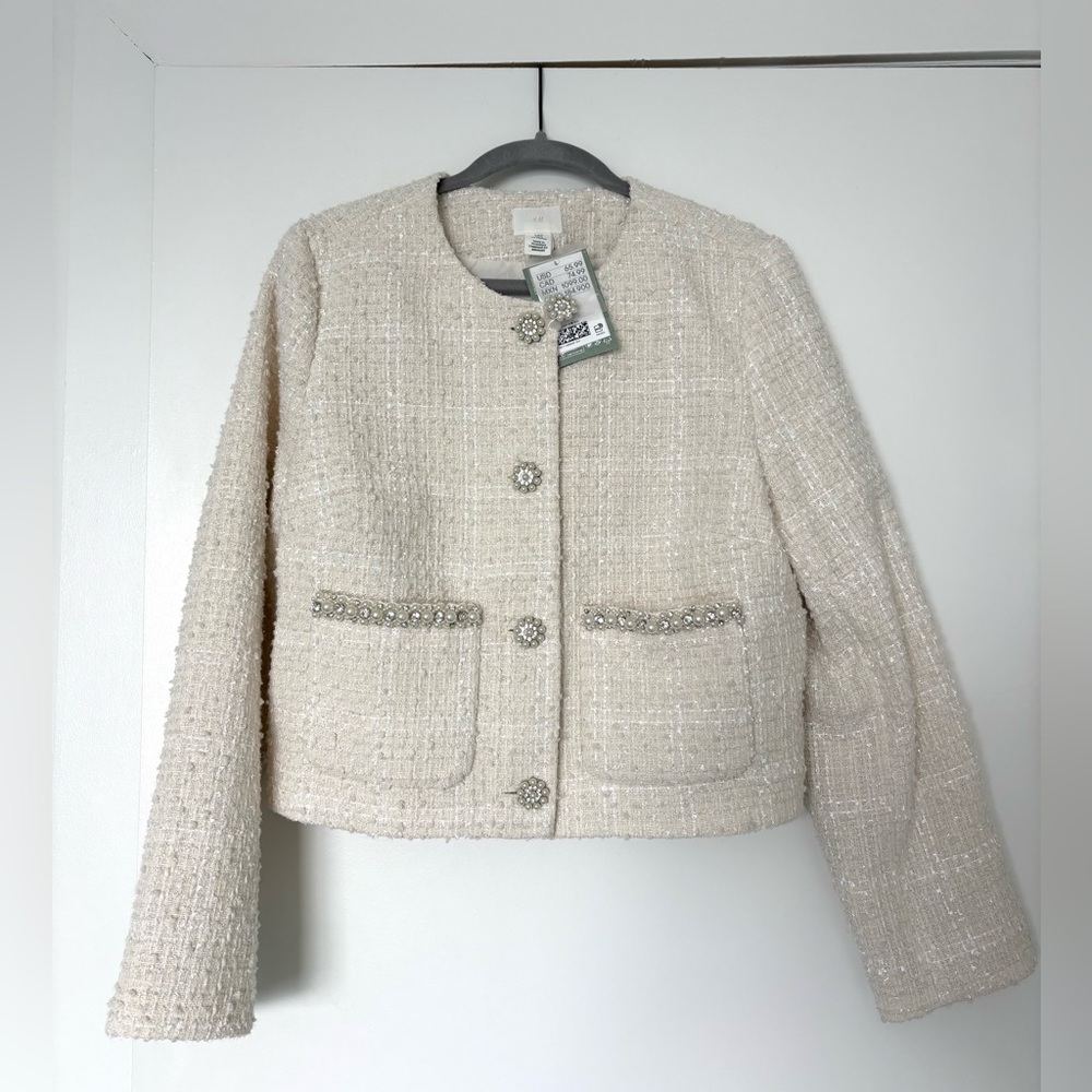 H&M Cream Textured Blazer with Pearl & Rhinestone Details Size Medium